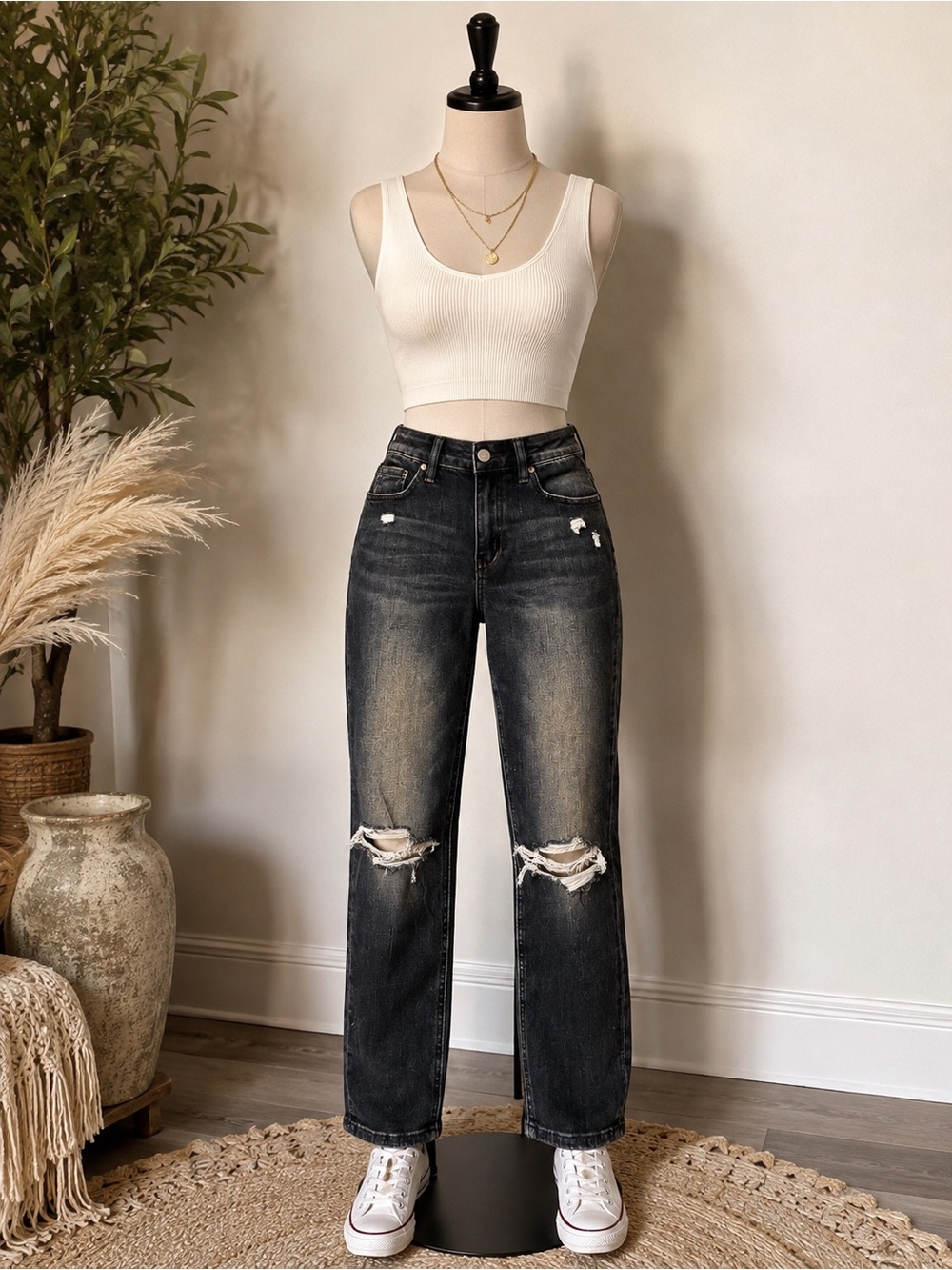 Vervet High-Rise Distressed Straight Leg Jeans - Black Wash